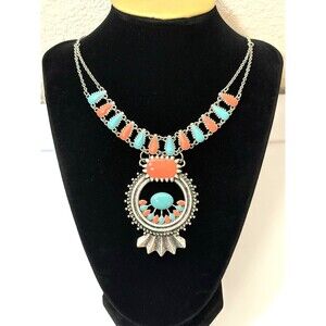 Vtg Western Navajo Inspired Necklace, Faux Turquoise & Coral Silver-tone